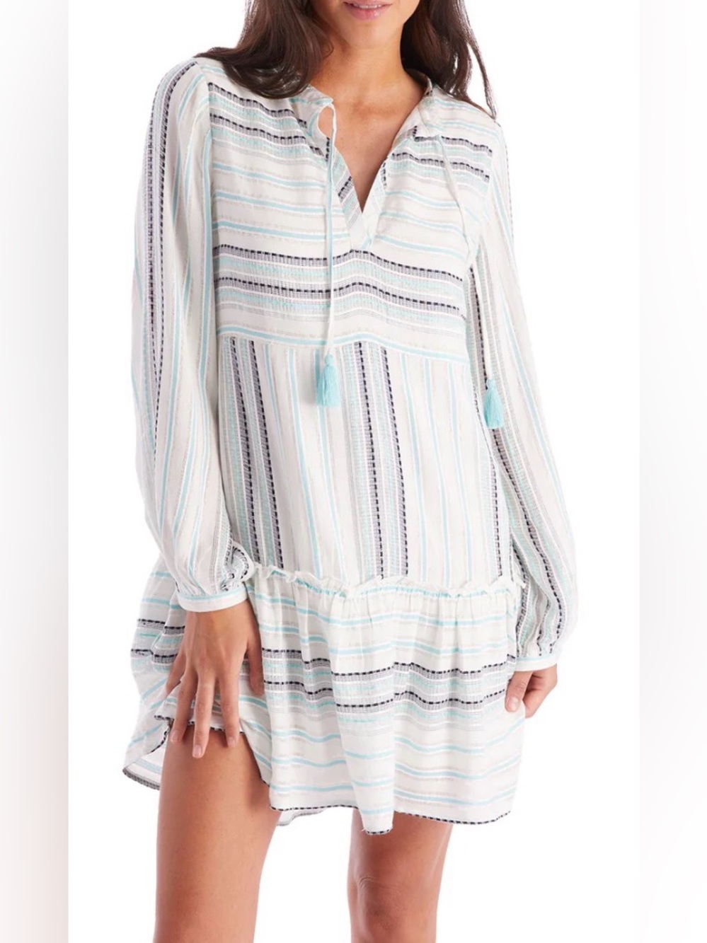 Allison New York Karly Tiered Mini Boho Aqua Stripe Dress Coastal Beach Large F